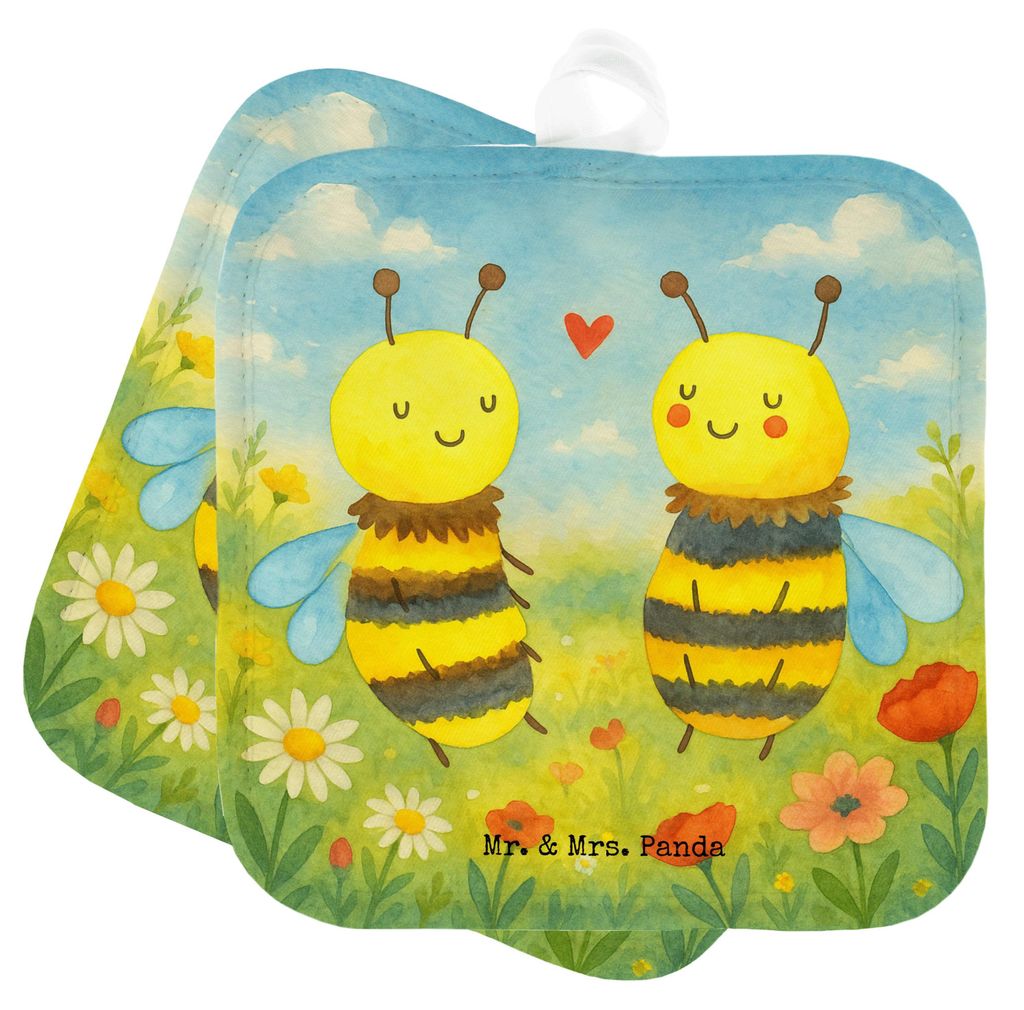 Mr. & Mrs. Panda Topflappen Biene Verliebt Design - Weiß - Geschenk, topfhalter, im Doppelpack, Set, Kochlappen, Topfuntersetzer