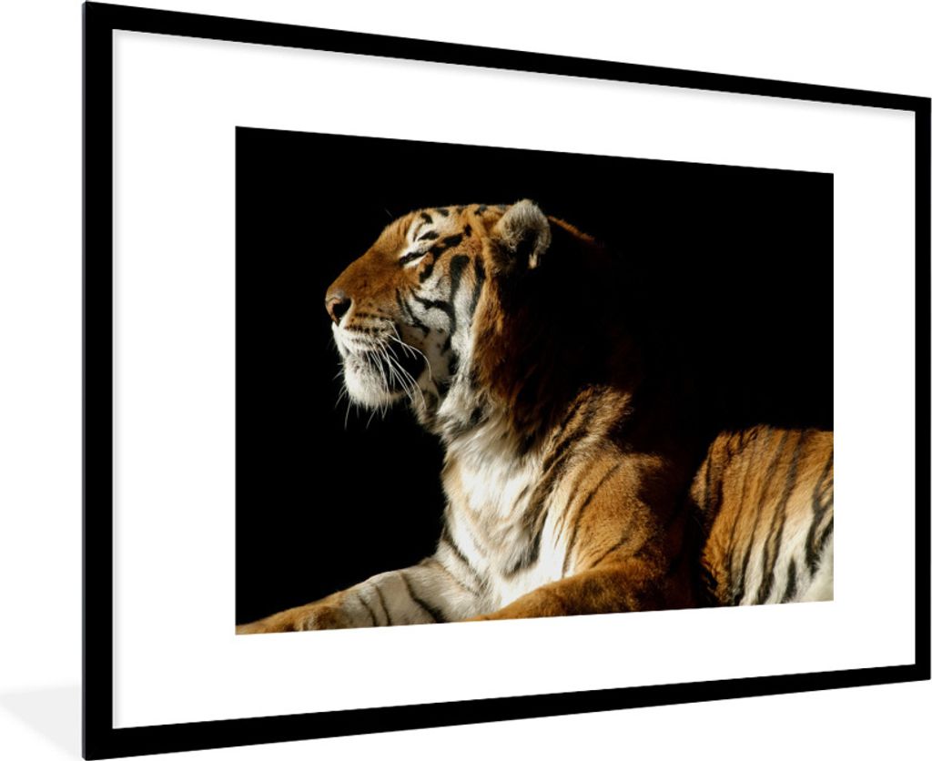 MuchoWow Gerahmtes Poster Tiger - Tiere - Schwarz 90x60 cm - Poster mit Schwarzem Bilderrahmen Wandposter Rahmen Foto Bilder - Wanddekoration - F...