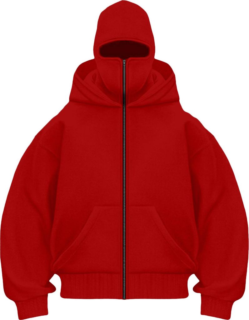 ASKSA Balaclava Zip Hoodie Herren Damen Einfarbig Kapuzenpullover Warm mit Sturmhaube Casual Hoodie Lockeres Sweatjacke,Rot,XL