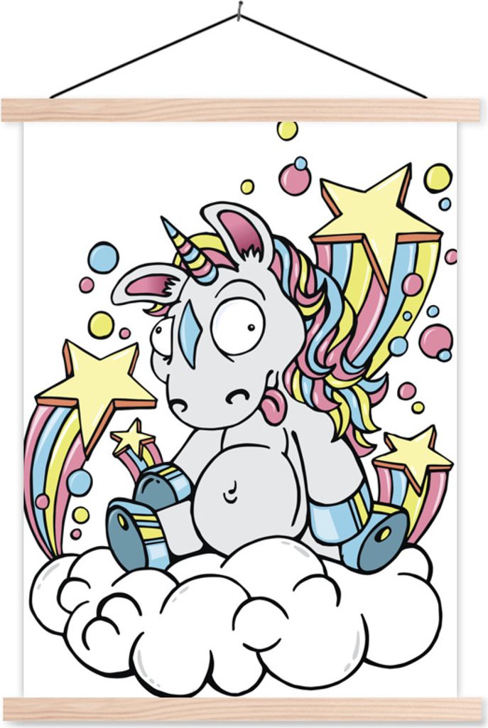 MuchoWow Textilposter Eine Illustration eines weißen Einhorns auf einer Wolke - Mädchen - Kinder - Kinder 120x160 cm mit holzfarbenen Rahmen - ...