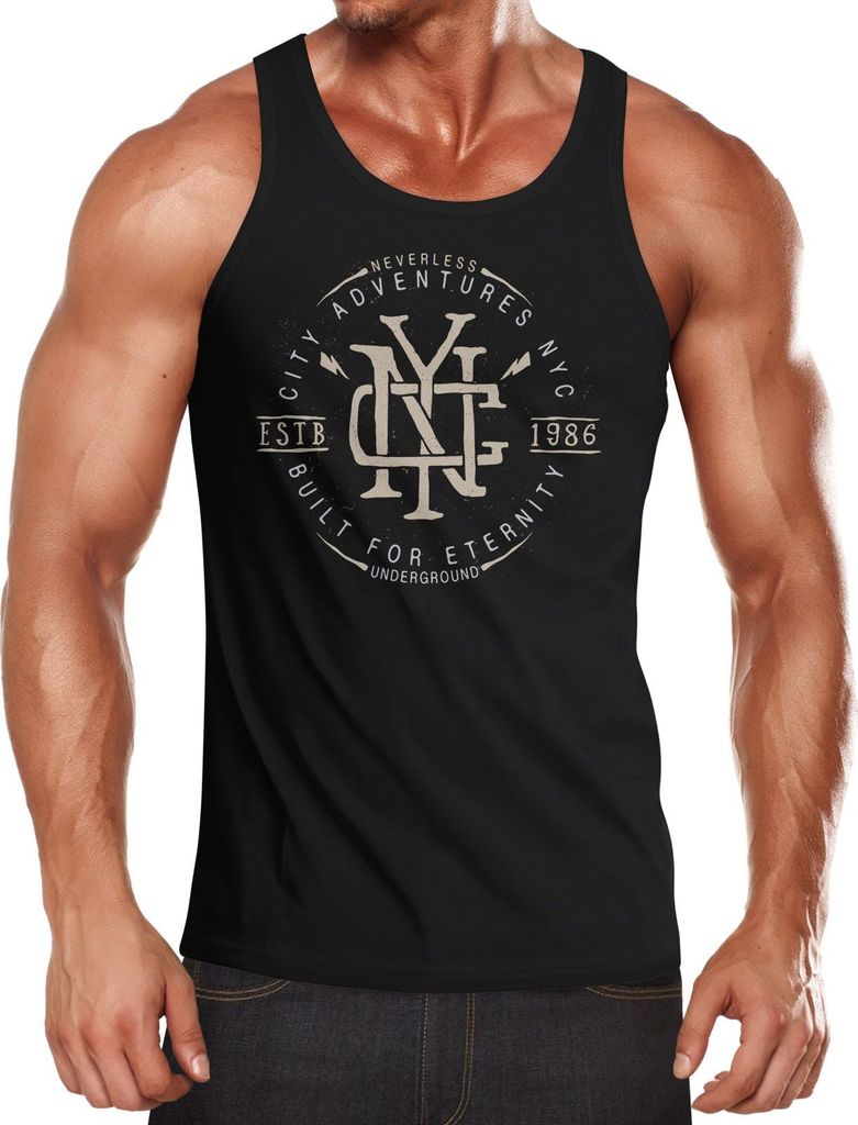 Herren Tank-Top NYC Logo Print New York City Built for eternity Schriftzug Fashion Streetstyle Muskelshirt Muscle Shirt Neverless schwarz S