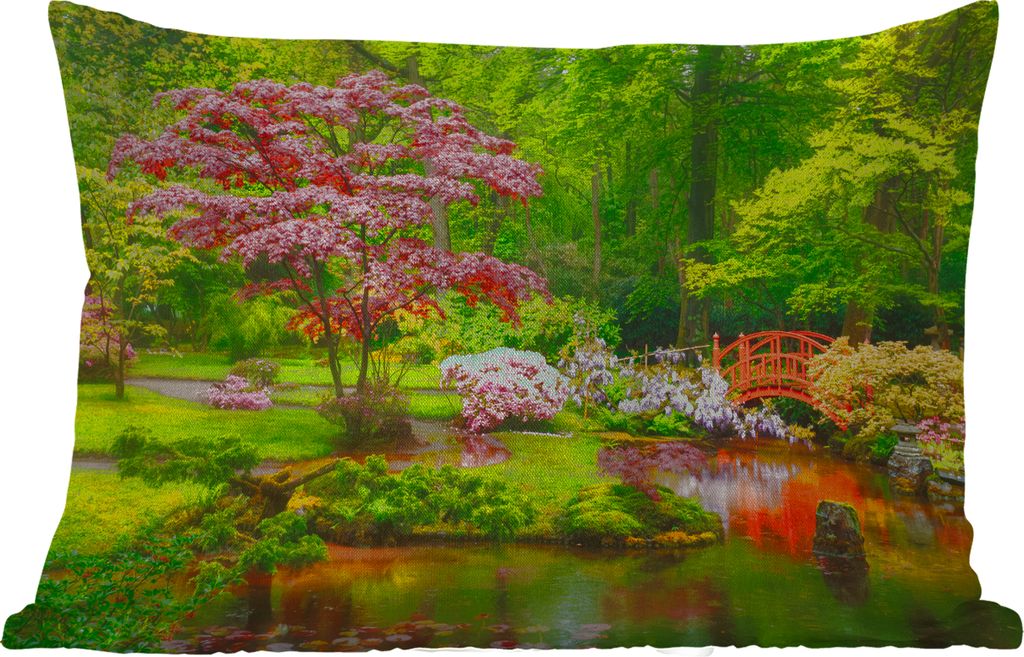 MuchoWow Outdoor Kissen - Brücke - Japanisch - Botanisch - Bäume - Blumen - 60x40 cm - Wetterfest - Lounge Kissen - Zierkissen - Kissen für In...