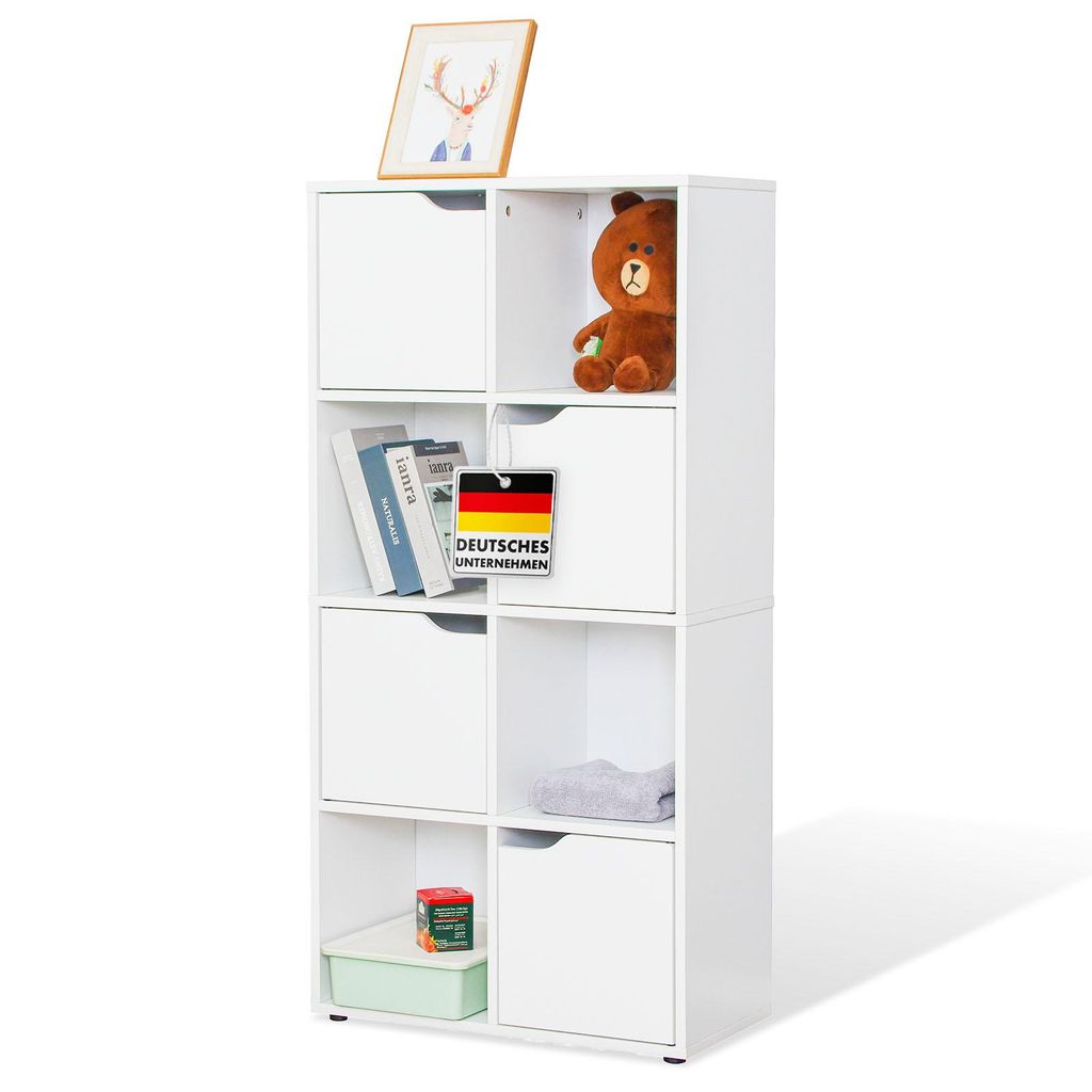 Bücherregal, Weißes Standregal aus MDF mit 8 Fächern & 4 Türen, 60 x 30 x 120,5 cm, Kippschutz, Connecticut