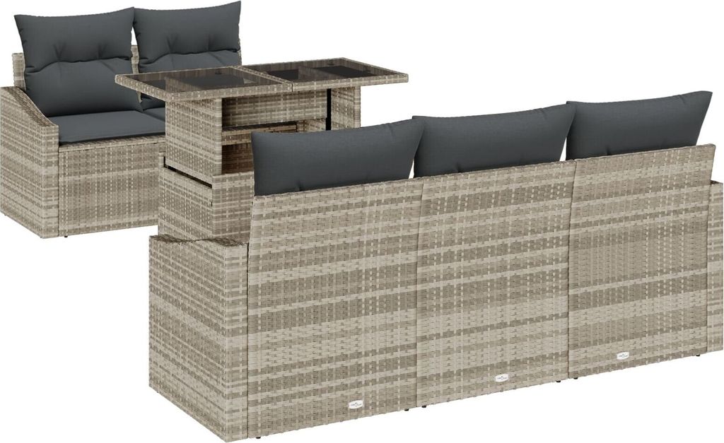 6-teilige Garten-Sofa-Garnitur mit Kissen in Hellgrau aus Poly-Rattan, Gartensofas DesignMöbel Neu
