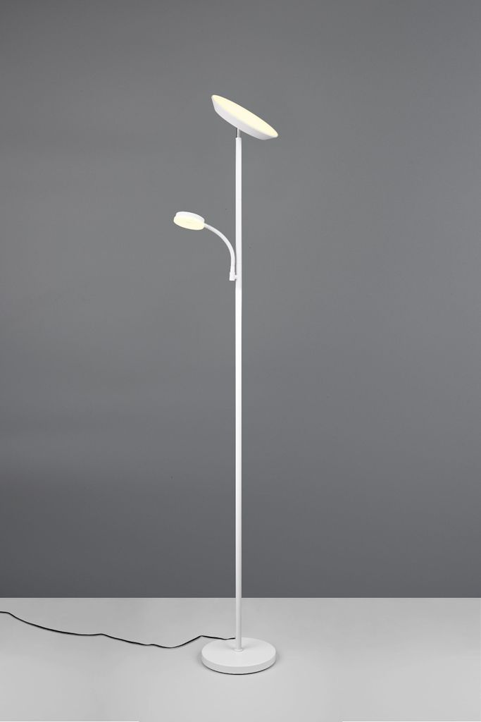 A white floor lamp with two lights against a gray background.