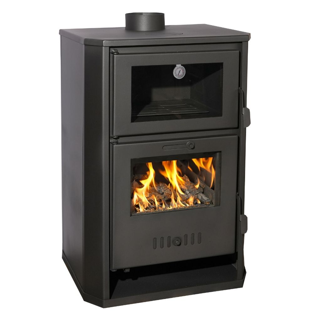A black freestanding wood-burning stove with a glass door for the firebox and a glass window above that likely serves as an oven or viewing area.