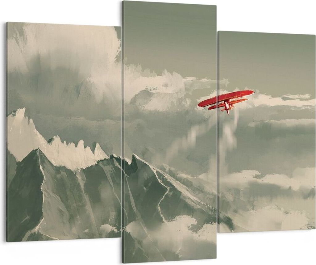 Bild auf Leinwand - Leinwandbild - 3 Teile - Rot Flugzeug Berge - 130x100cm - Wand Bild - Wanddeko - Wandbilder - Leinwanddruck - Bilder - Wanddeko...