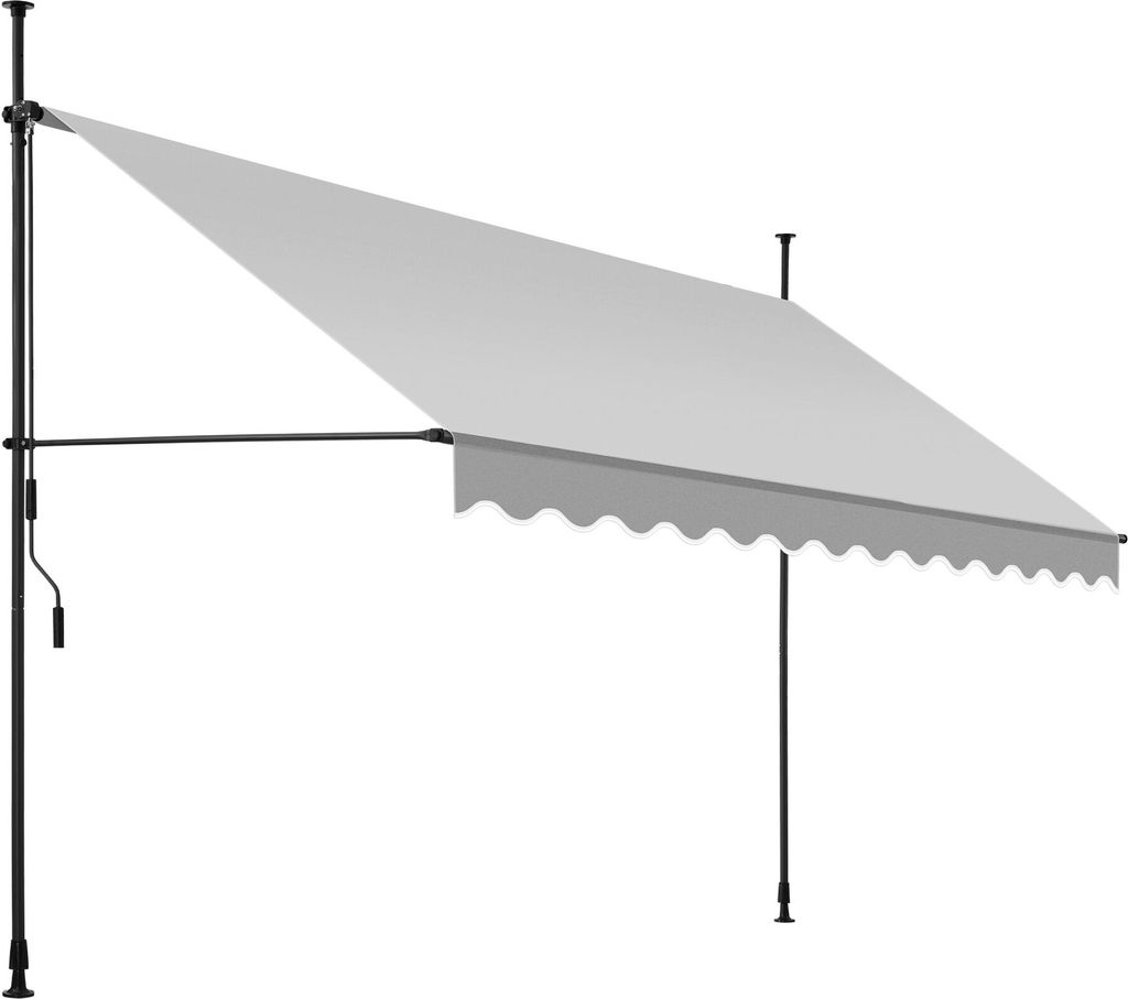 A light gray awning with a scalloped edge is extended from a black metal frame, supported by two vertical poles. A crank handle is visible on the left pole.
