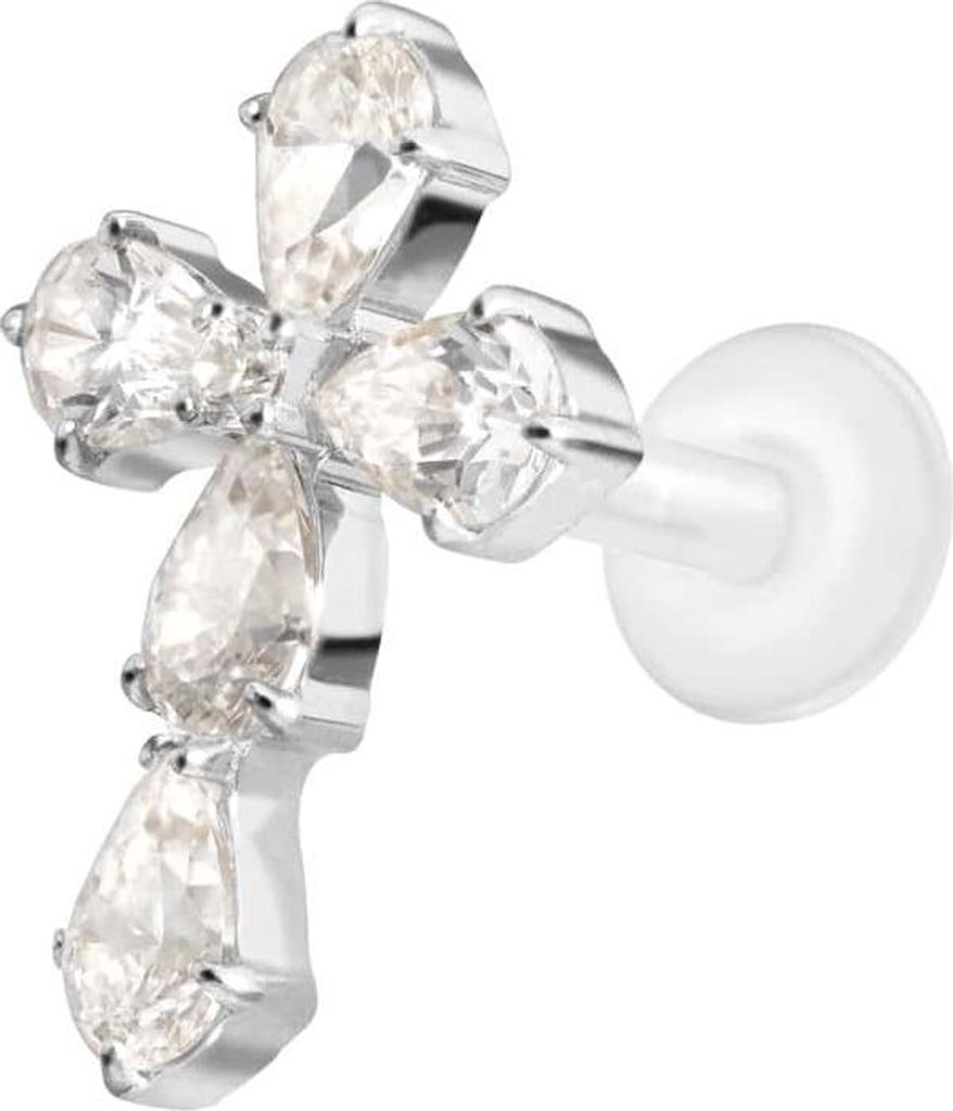 Ohrpiercing, Nasenpiercing PTFE Labret mit Innengewinde + Titan-Aufsatz KRISTALLKREUZ Silber Stablänge: 10mm | Stabstärke: 1,2mm