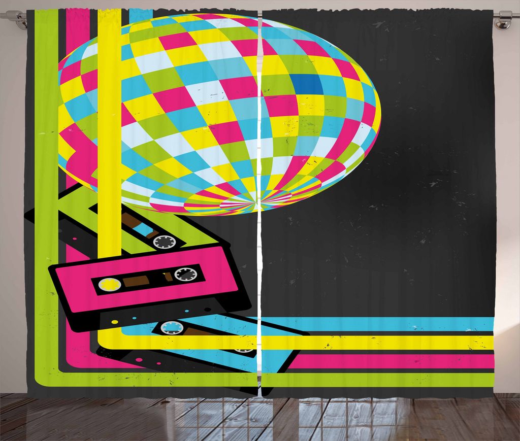 ABAKUHAUS Popstar-Party Rustikaler Vorhang, Retro-Disco-Kugel, Wohnzimmer Universalband Gardinen mit Schlaufen und Haken, 280 x 225 cm, Mehrfarbig