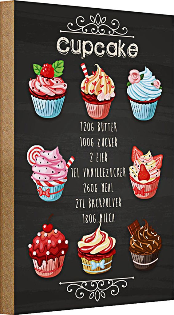 Holzschild Rezept 20x30cm Cupcake 120G Butter Zucker