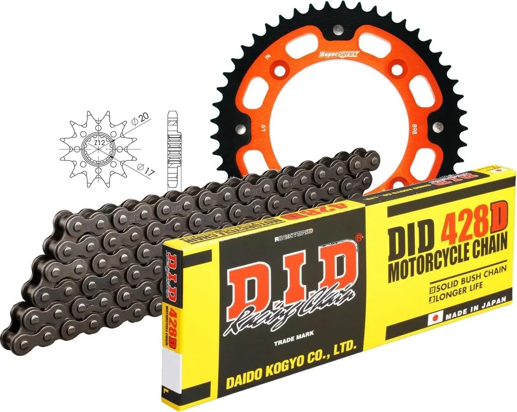 Kit transmission DID Stealth 428D orange 124 maillons pour moto trail