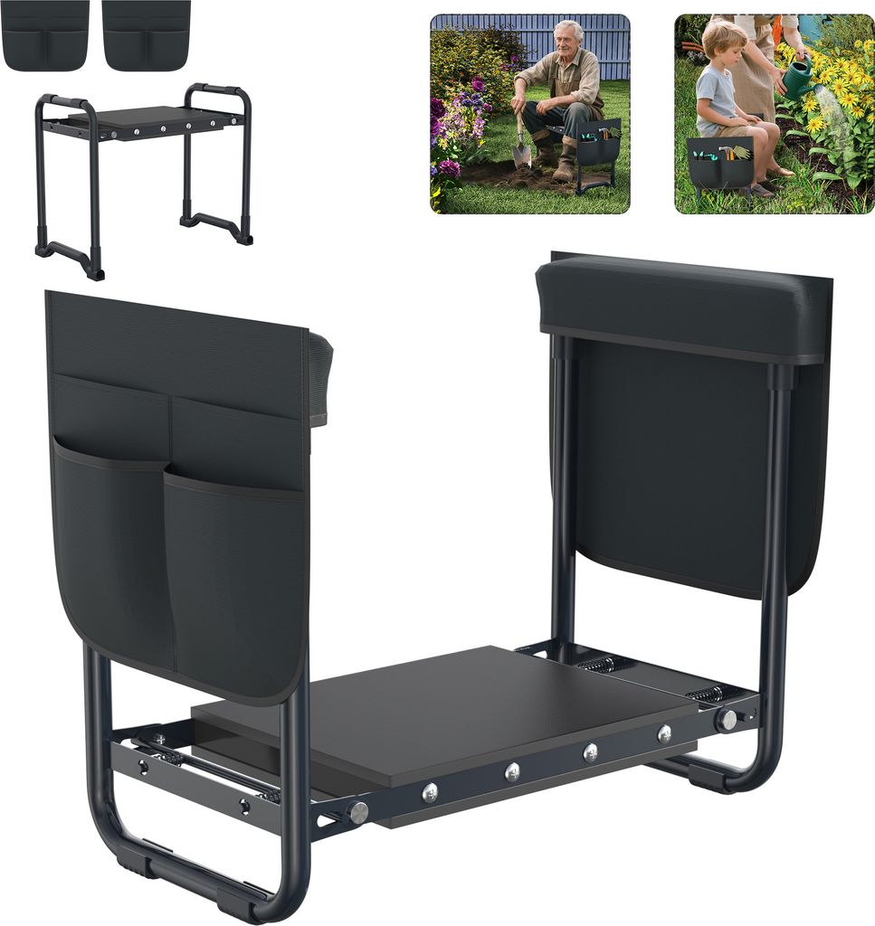 LZQ Kniebank Gartenarbeit Gartenhocker klappbar Gartenbank Garten Arbeitshocker Sitzbank Gartensitz bis 150 kg mit Werkzeugtasche, Anthrazit