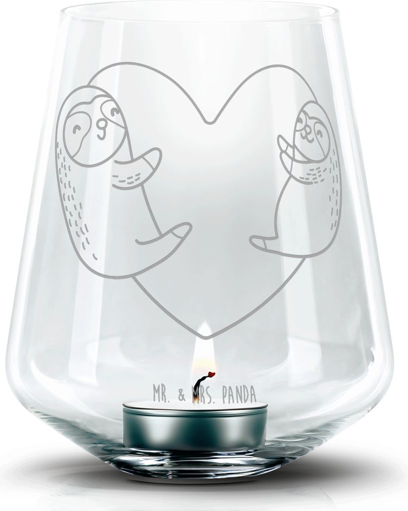 Mr. & Mrs. Panda Laterne Faultiere Herz - Transparent - Geschenk, Jahrestag, Glas Windlicht, gravur, Valentinstag, Hochzeitstag, Teelichthalter, f...