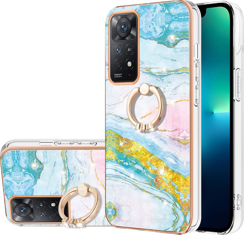 Hülle für Xiaomi Redmi Note 11 4G/Note 11s Muster TPU Silikon Stoßdämpfer Bumper Schutzhülle mit Ring Ständer Türkis
