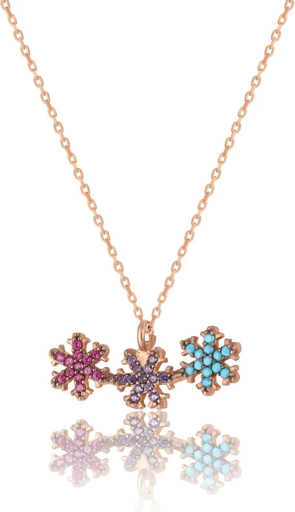 Idée cadeau femme : collier argent 3 flocons et zircons or rose