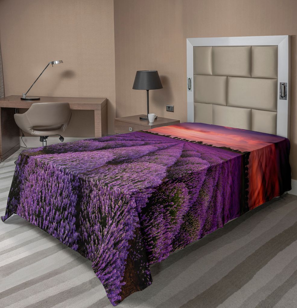 ABAKUHAUS Dunkelviolett Bettlaken, Lavendelfeld Foto mit Burnt Sienna tonte Sunset Sky Tree Silhouetten, weiches bequemes oberes Bettlaken für ein...