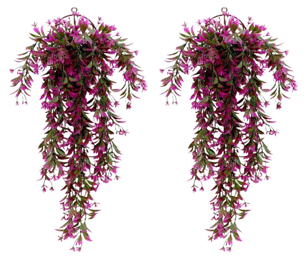 2 Plantes artificielles tombantes 78cm fleurs violettes aspect rotin