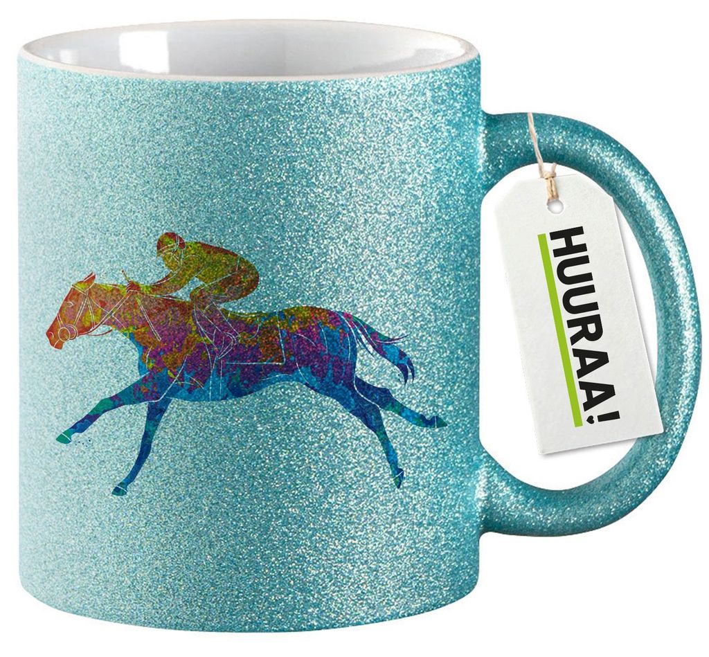 Huuraa Glitzertasse Pferderennen Jockey bunte Silhouette 330ml Blau Keramik Kaffeebecher Geschenkidee