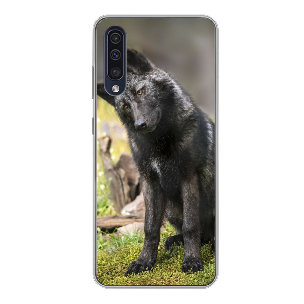 MuchoWow Handyhülle Schutzhülle Hülle für Samsung Galaxy A50 Wolf - Schwarz - Gras Silikon Softcase Handy Hülle - Mobiltelefonhülle