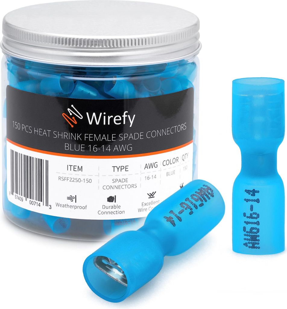 Wirefy Blaue Schrumpfverbinder Flachsteckhülsen Isoliert - Kabelschuhe Weibliche Flachstecker Sortiment - Quetschverbinder Kfz - 1,5-2,5 mm² - 150