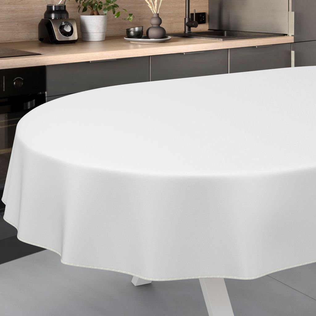Tischdecke Textil-Optik UNI Weiß Oval 260x140cm mit Band-Kante Wachstuch abwaschbar