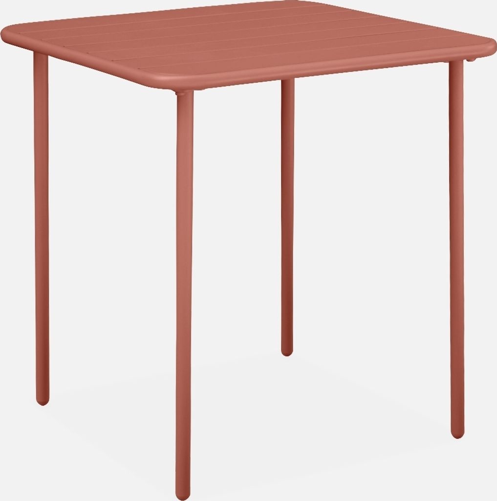 A square garden table with four legs, presented against a plain background.