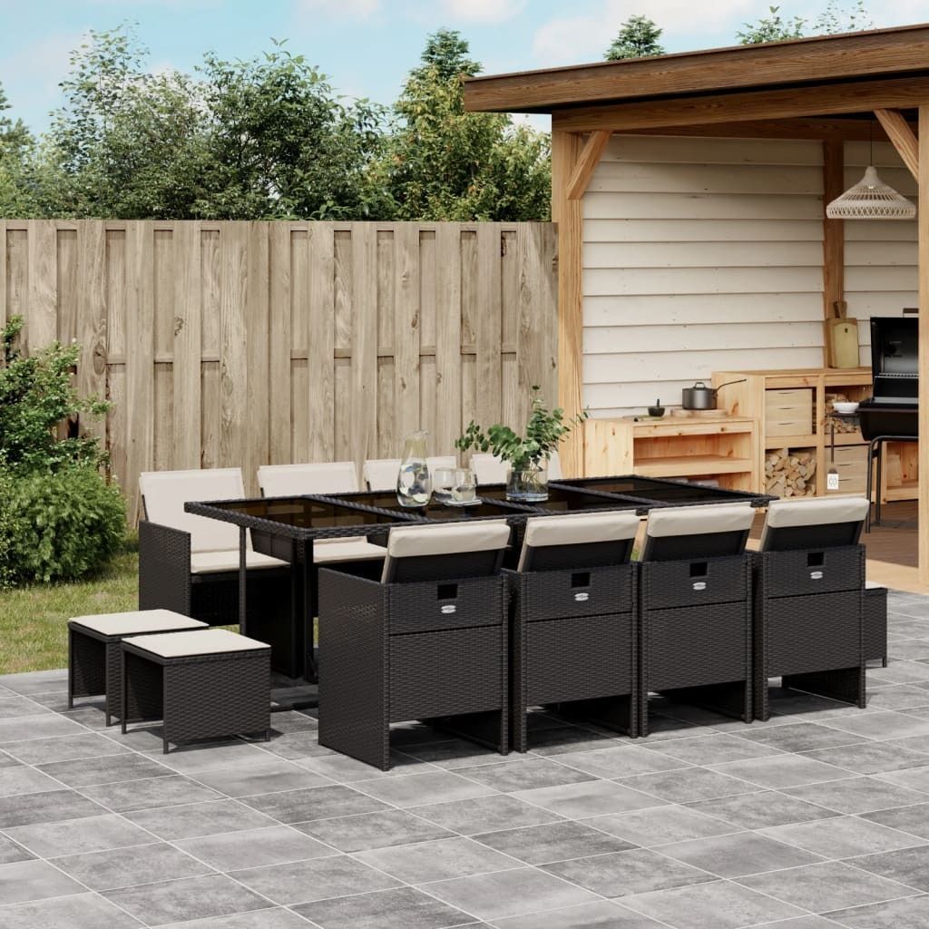 Design 13-tlg. Garten-Essgruppe mit Kissen Schwarz Poly Rattan, Gartenmöbel-Sets 2024 Neu