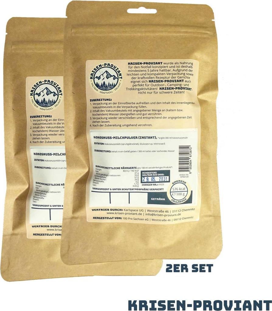 Krisen-Proviant - 2er-Set Kokosnuss-Milchpulver Kokosmilch instant Notvorrat
