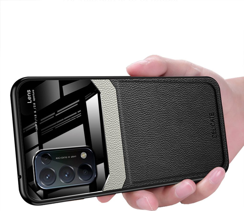 OPPO Reno 5 5G Hülle, TPU Stossfest Anti-rutsch Leder Glas Len Hybrid Schutzhülle für OPPO Reno 5 5G Schwarz