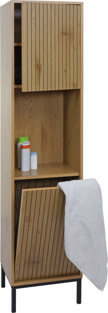 Hochschrank HWC-O42, Badschrank Badregal Badezimmer Schrankfächer Wäschekorb, MDF Melamin 174x39x30cm Holzoptik natur