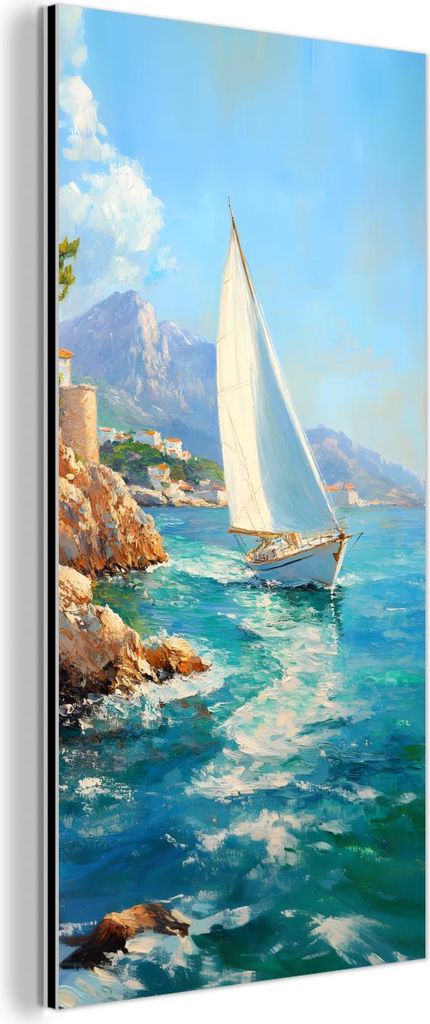 MuchoWow Wanddekoration Metall Metallbild Wandkunst 40x80 cm Segelboot - Felsen - Küste - Häuser MuchoWow Aluminium Gemälde - Wanddekoration - I...