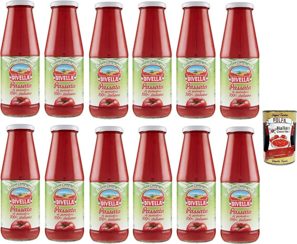 12x Divella Delizie Campagnole Passata di Pomodoro Tomatenpaste Tomaten sauce 100% Italienisch 680g + Italian Gourmet Polpa 400g