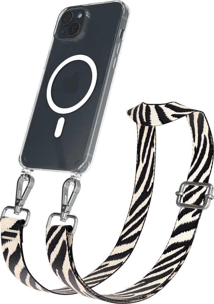 EAZY CASE - Handykette mit MagSafe Hülle für Apple iPhone 15 Plus, Handyband Zebra Style,Karabiner Silber, Umhängeband in Schwarz