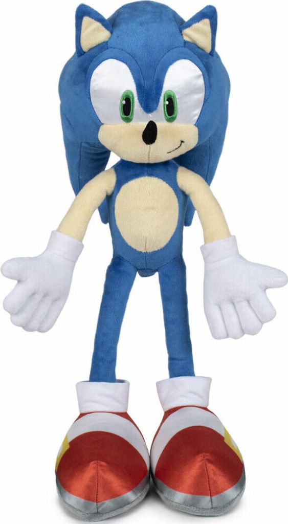 A plush toy of the character Sonic the Hedgehog is shown standing against a white background.