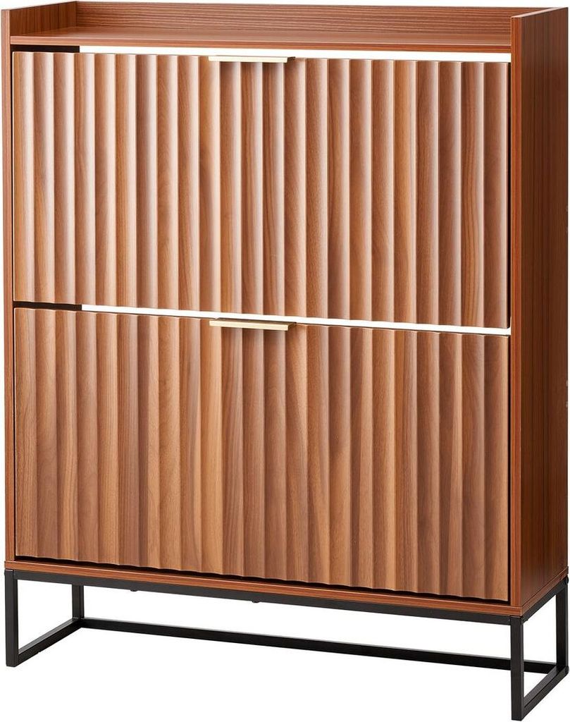 Schuhschrank mit 2 Klappschubladen, Schuhschrank im Mid-Century-Stil mit Kippschutz, freistehender Schuhschrank mit Riffelung, ideal für Eingangsb...