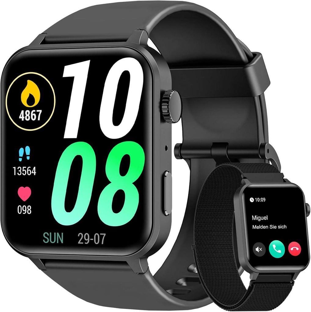 Smartwatch für Damen und Herren mit Telefonfunktion – 1,85 Zoll HD Fitnessuhr mit Schlafmonitor, Herzfrequenzmessung, 100+ Sportmodi, SpO2, Schr...