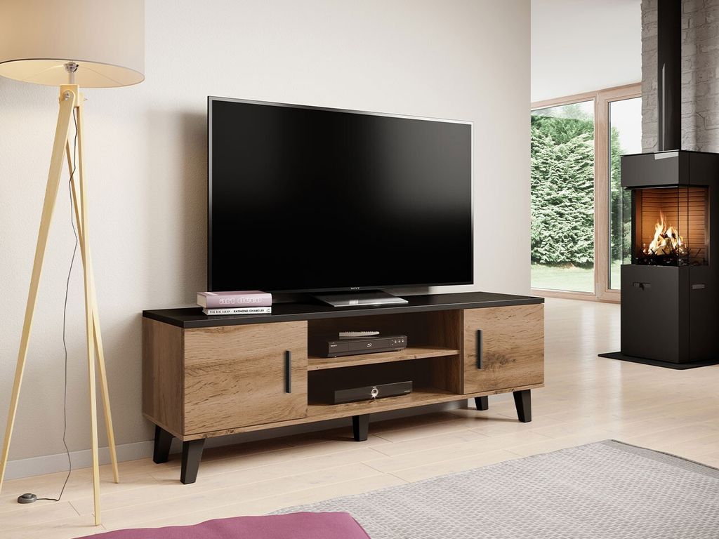 Meuble TV 160 cm OLINA – chêne wotan / noir Image du produit 