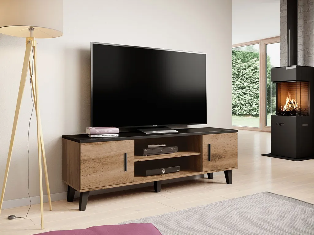 Banc TV bicolore OLINA 160 cm meuble de rangement moderne