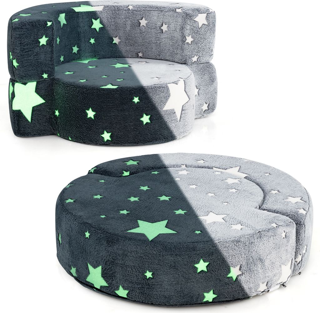 COSTWAY Im Dunkeln leuchtendes Kindersofa, umwandelbarer Sofasitz mit abnehmbarem und maschinenwaschbarem Bezug & Sternenmuster ab 3 Jahren, grau