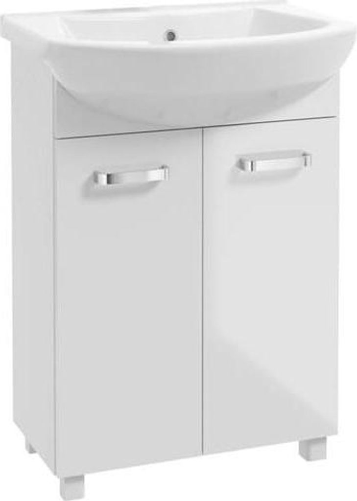 A white bathroom vanity with a sink and two doors, standing on four short legs.