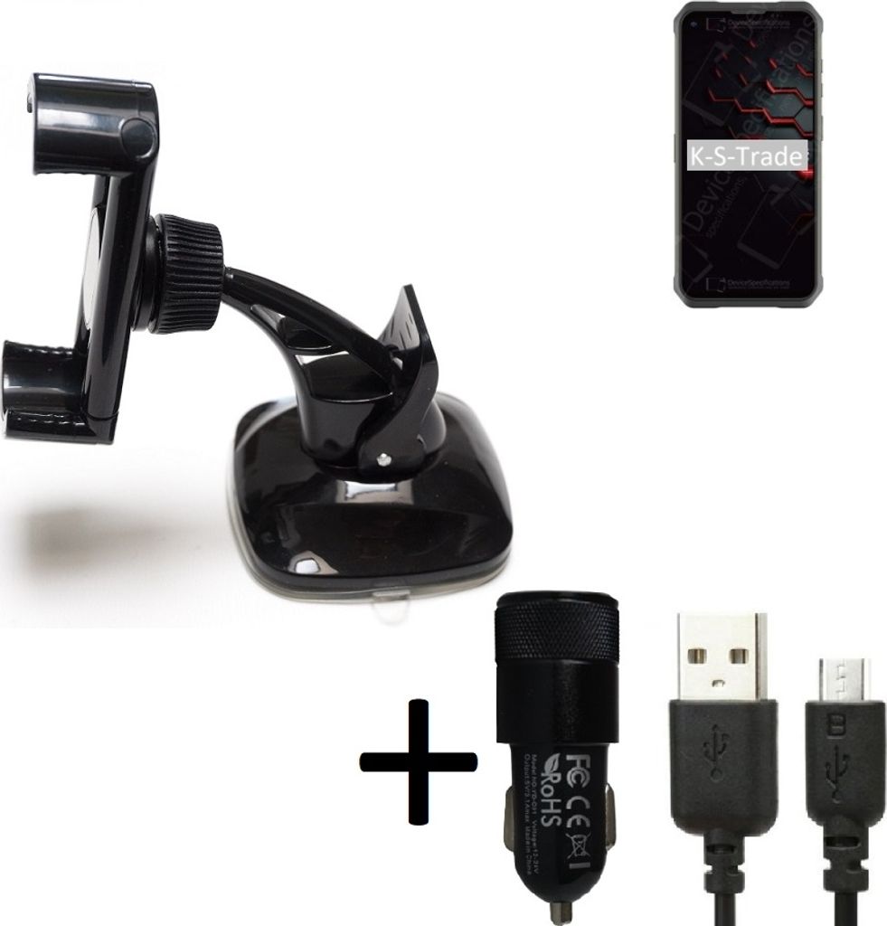 K-S-Trade Halterung kompatibel mit Doogee V10 Windschutzscheibe / Armaturenbrett + LADEGERÄT mit Mico USB Kabel Autohalterung KFZ Halter