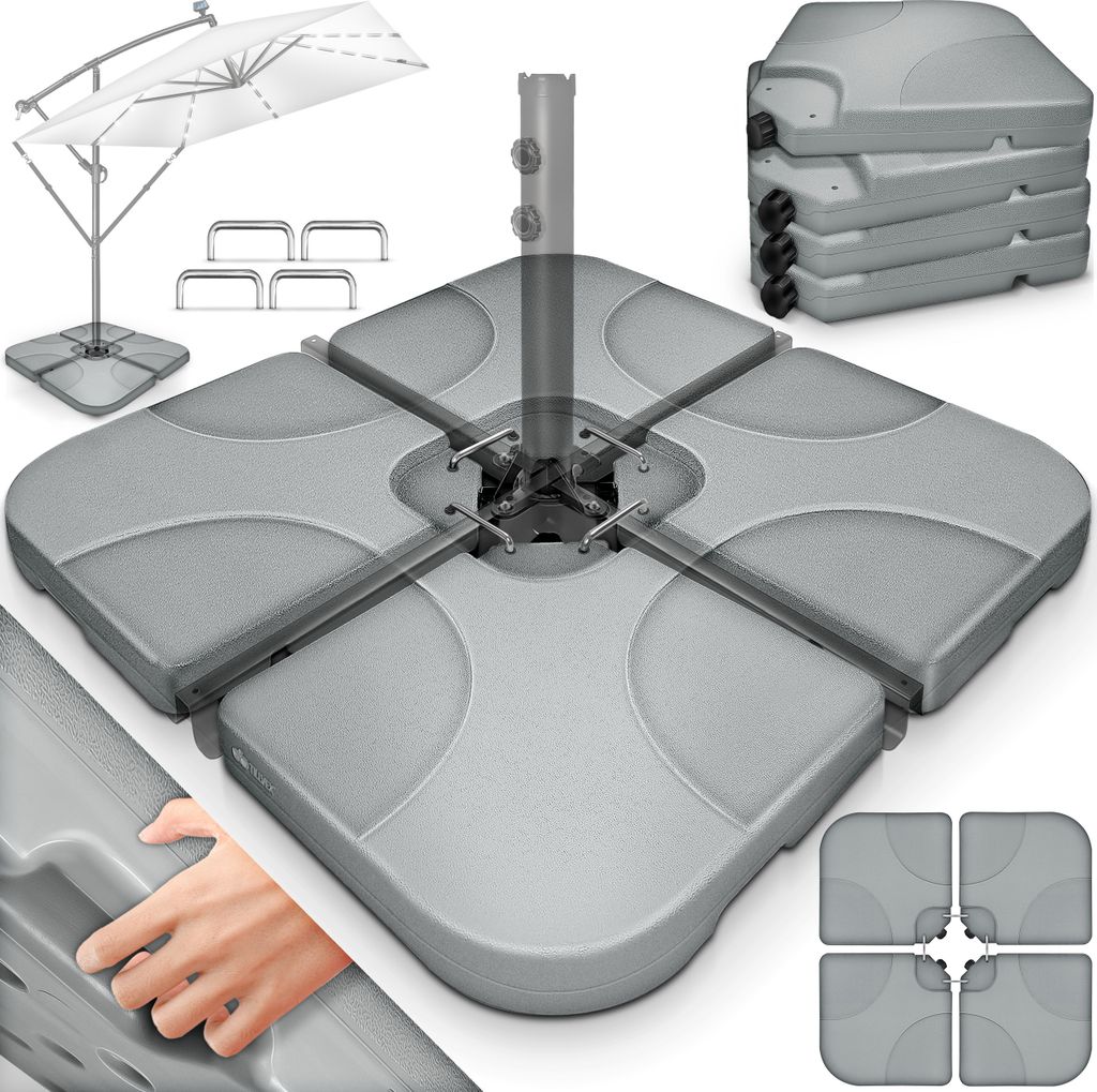 tillvex Sonnenschirmständer Grau 60 Liter / 80 kg – 4-teilig für Ampelschirm inkl. Metallverbinder | Schirmgewicht befüllbar mit Wasser oder...