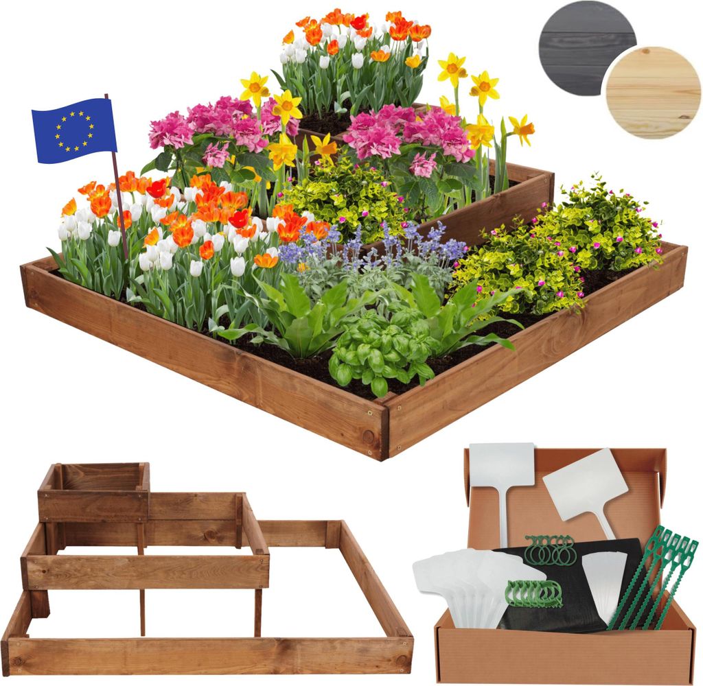 MODO24 Hochbeet Holz, Pflanzkasten, Massivholz, Kiefer, Kräuterbeet, Blumenkasten, Garten, Terrasse, 27x92x92 cm, Braun, ZP08