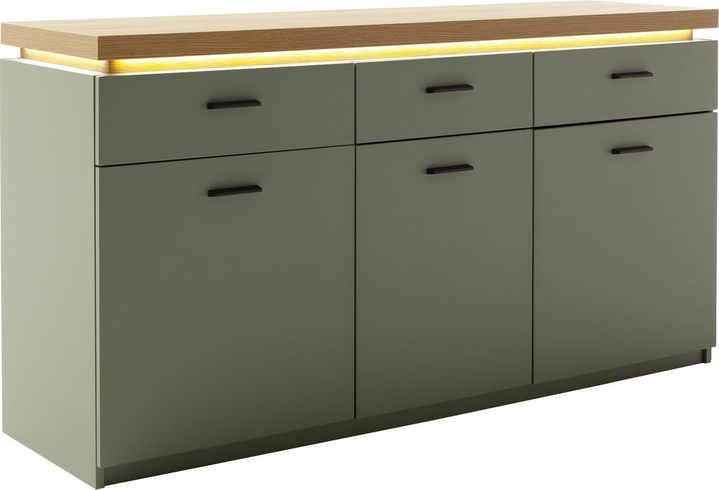Sideboard >MONIZ< LED-Beleuchtung, Salbei grün/ Eichenfarben Nachbildung - 156x83x44 (BxHxT)