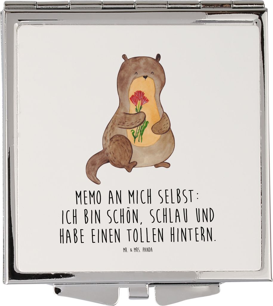 Mr. & Mrs. Panda Schminkspiegel Otter Blumenstrauß - Weiß - Geschenk, Positiv, Süß, Seeotter, Klappbarer Spiegel, Achtsamkeit, Reisespiegel, Ta...