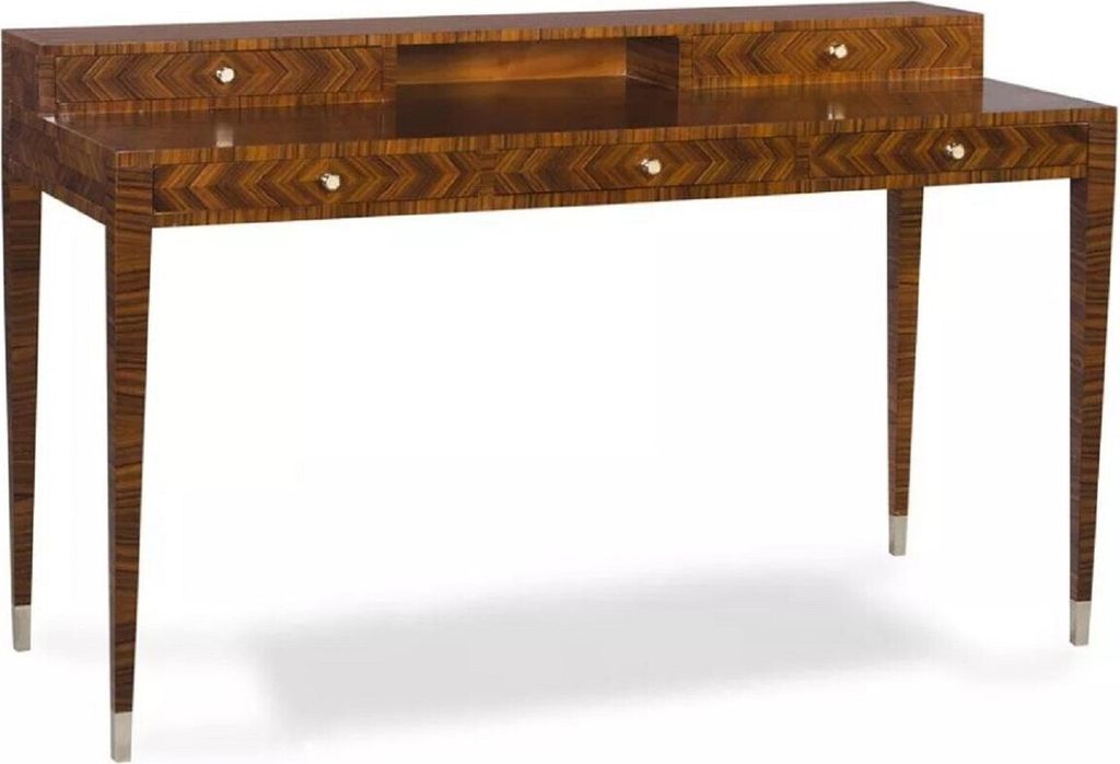 Casa Padrino Luxus Art Deco Schreibtisch mit 5 Schubladen Braun / Silber 140 x 55 x H. 86 cm - Massivholz Bürotisch - Büro Möbel - Art Deco Möb...