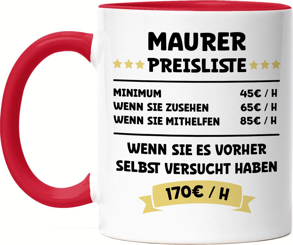 Maurer Preisliste Tasse Rot Beton Werkzeug Bauhandwerk Bau Baustelle Rohbau Wände Job Beruf Arbeit