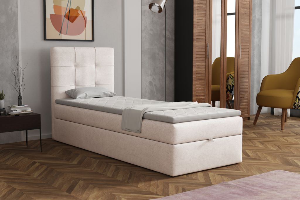 MR GROUP Boxspringbett NAPOLI 80 x 200 cm Kinderbett, Jugendbett, Einzelbetten, Bett mit Stauraum, Polsterbett Matratze Topper H3 Schlafzimmer, beige