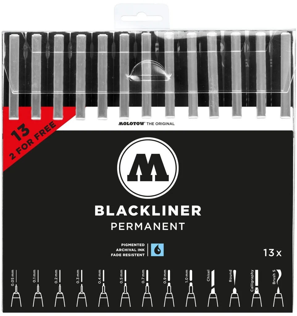 Pochettes de 13 Feutres de Dessin Technique Noir MOLOTOW Fineliner Set